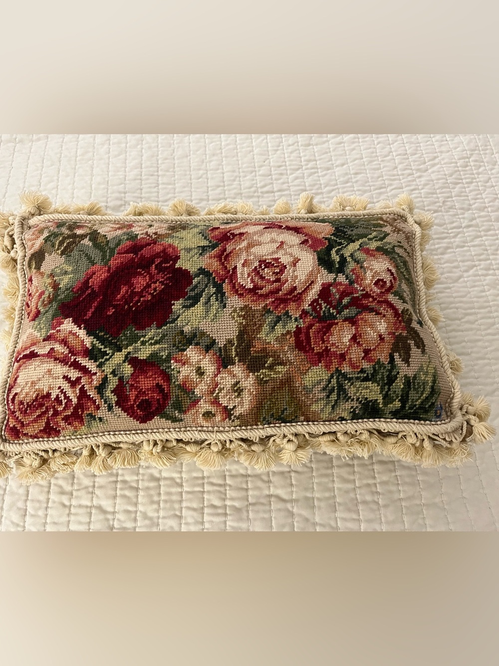 Vintage Rectangular Floral Roses Needlepoint Decorative Throw Pillow Tassel Trim